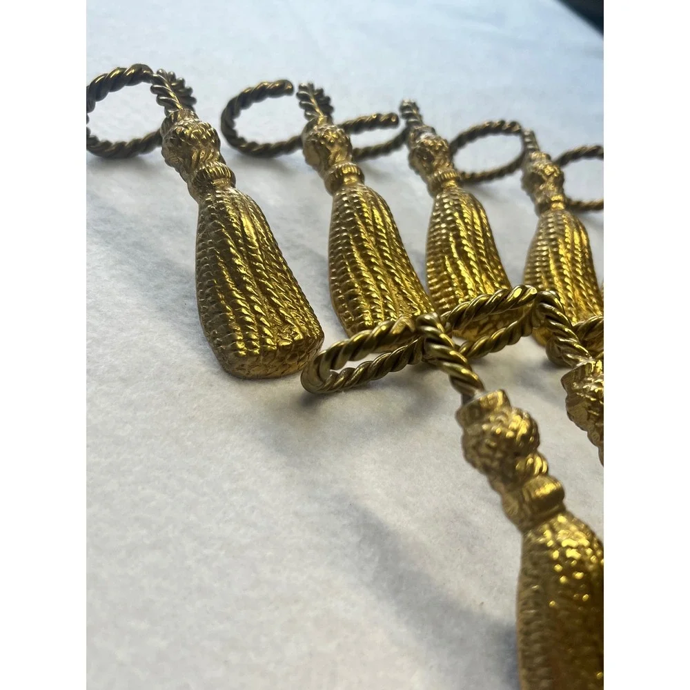 Vintage Brass Tassel Napkin Rings Set of 9 Gold Rope Loop Hollywood Regency